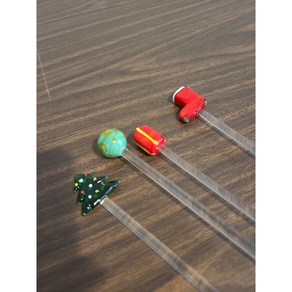 Christmas Swizzle Sticks Hand Blown Glass Stir Tree Ornament Stocking Package - Picture 5 of 5